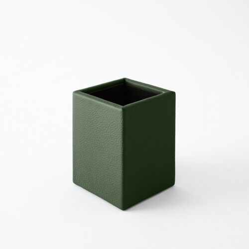 Pen Holder Atena Real Leather Green - cm 7x7 H.9,5 - Square Design and Handmade Stitching