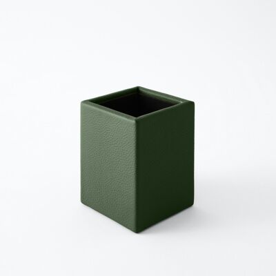 Porte-stylo Atena en cuir véritable vert - cm 7x7 H.9,5 - Design carré et coutures faites à la main