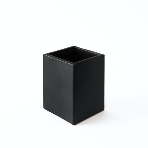 Pen Holder Minerva Bonded Leather Black - cm 7x7 H.9,5 - Square Design and Handmade Stitching