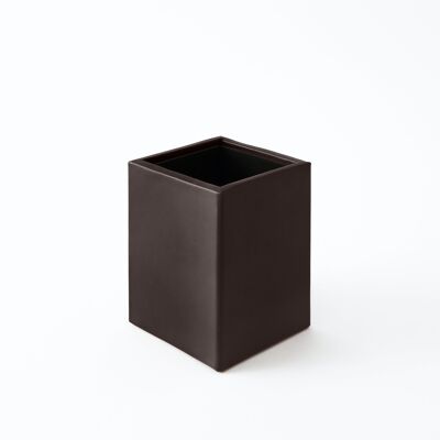 Pen Holder Minerva Bonded Leather Dark Brown - cm 7x7 H.9,5 - Square Design and Handmade Stitching