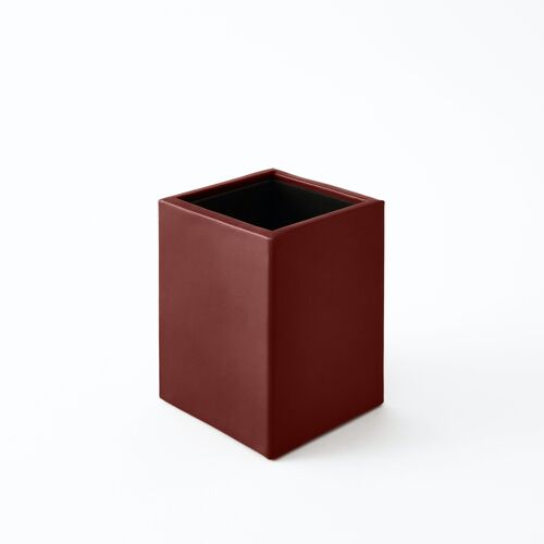 Pen Holder Minerva Bonded Leather Burgundy Red - cm 7x7 H.9,5 - Square Design and Handmade Stitching