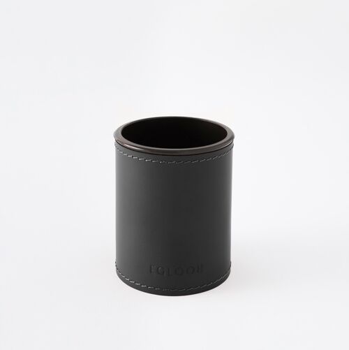 Pen Holder Orfeo Bonded Leather Black - cm 7,8x7,8 H.9,5 - Round Design and Handmade Stitching