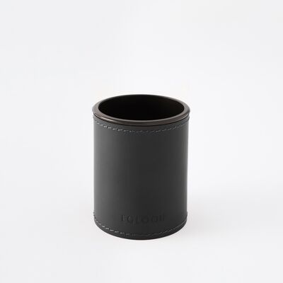 Pen Holder Orfeo Bonded Leather Black - cm 7,8x7,8 H.9,5 - Round Design and Handmade Stitching