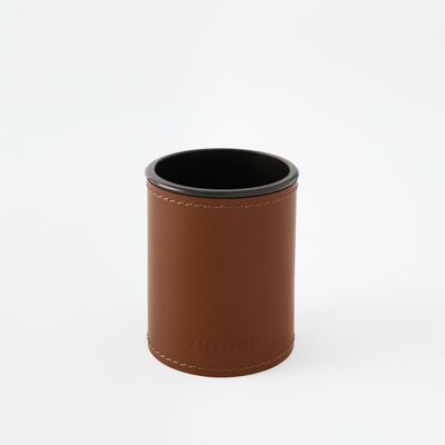 Pen Holder Orfeo Bonded Leather Orange Brown - cm 7,8x7,8 H.9,5 - Round Design and Handmade Stitching