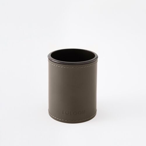 Pen Holder Orfeo Bonded Leather Taupe Grey - cm 7,8x7,8 H.9,5 - Round Design and Handmade Stitching