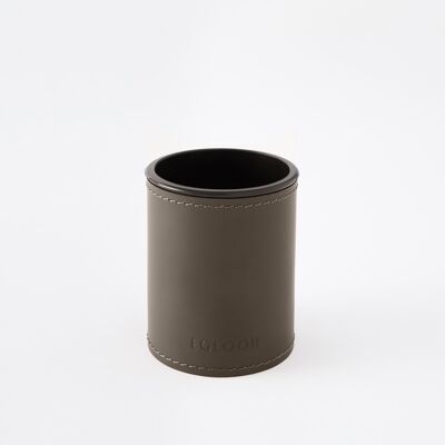 Pen Holder Orfeo Bonded Leather Taupe Grey - cm 7,8x7,8 H.9,5 - Round Design and Handmade Stitching