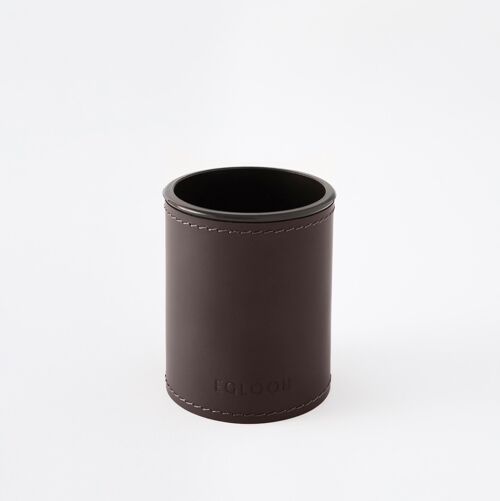 Pen Holder Orfeo Bonded Leather Dark Brown - cm 7,8x7,8 H.9,5 - Round Design and Handmade Stitching