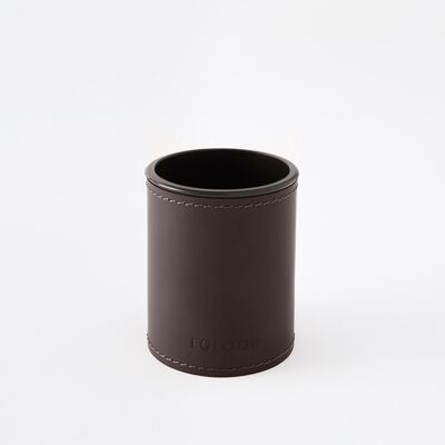 Pen Holder Orfeo Bonded Leather Dark Brown - cm 7,8x7,8 H.9,5 - Round Design and Handmade Stitching