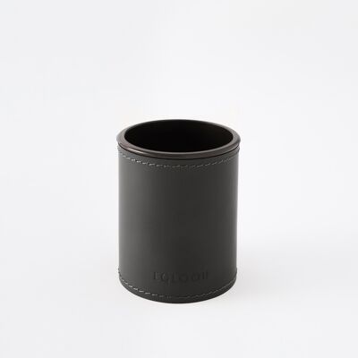 Pen Holder Orfeo Bonded Leather Anthracite Grey - cm 7,8x7,8 H.9,5 - Round Design and Handmade Stitching