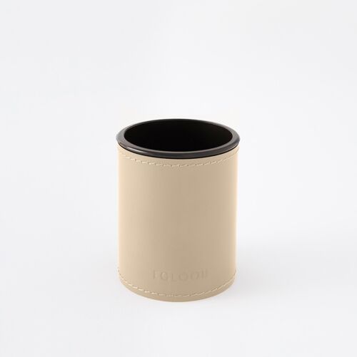 Pen Holder Orfeo Bonded Leather Beige - cm 7,8x7,8 H.9,5 - Round Design and Handmade Stitching