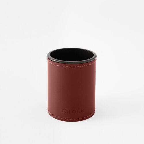 Pen Holder Orfeo Bonded Leather Burgundy Red - cm 7,8x7,8 H.9,5 - Round Design and Handmade Stitching