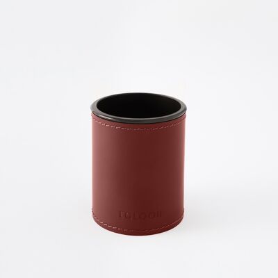 Pen Holder Orfeo Bonded Leather Burgundy Red - cm 7,8x7,8 H.9,5 - Round Design and Handmade Stitching