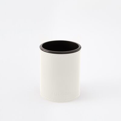 Pen Holder Orfeo Bonded Leather White - cm 7,8x7,8 H.9,5 - Round Design and Handmade Stitching