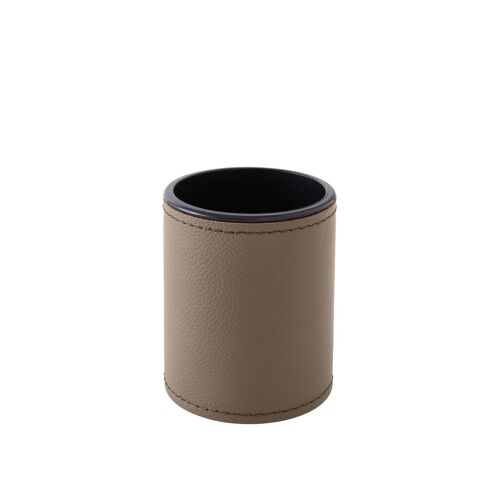 Pen Holder Zefiro Real Leather Taupe Grey - cm 7,8x7,8 H.9,5 - Round Design and Handmade Stitching