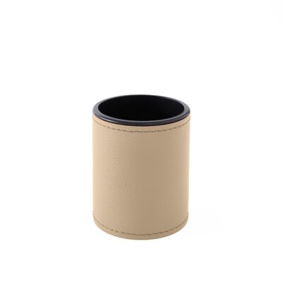 Pen Holder Zefiro Real Leather Beige - cm 7,8x7,8 H.9,5 - Round Design and Handmade Stitching