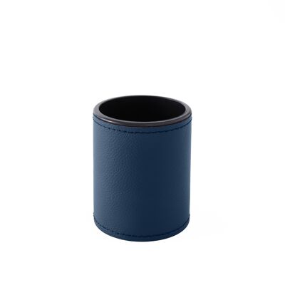 Portalápices Zefiro Piel Auténtica Azul - cm 7,8x7,8 H.9,5 - Diseño Redondo y Pespuntes Hechos a Mano