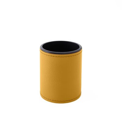 Portalápices Zefiro Cuero Real Amarillo - cm 7,8x7,8 H.9,5 - Diseño Redondo y Pespuntes Hechos a Mano