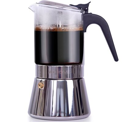 VeoHome Italienische Kaffeemaschine aus Glas und Edelstahl 360 ml – Mokka-Induktion, Gas, Keramik-Kaffeemaschine im Espresso-Stil – 6 Tassen, sicher und spülmaschinenfest