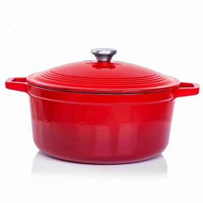 VeoHome Red Enameled Cast Iron Casserole 6L Ø28cm, Ultra Resistant Casserole, Induction/Gas/Oven Compatible Stockpot, Homogeneous Cooking, Authentic Flavours, Relief Lid
