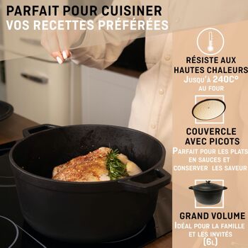 Cocotte Fonte Émaillée VeoHome Noir mat 6L Ø28cm, Faitout Ultra Résistant,Marmite Compatible Induction/Gaz/Four, Cuisson Homogène, Saveurs Authentiques, Couvercle Relief 2