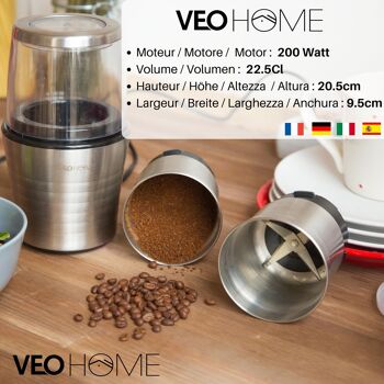 Moulin à café et mixeur électrique VeoHome broyeur pour grains de café, graine de lin et autres épices - inox 2