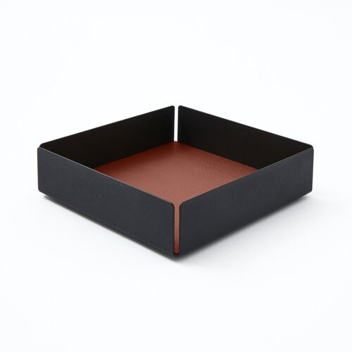 Valet Tray Dafne Steel Structure Black and Real Leather Orange Brown - cm 14,5x14,5 H.4