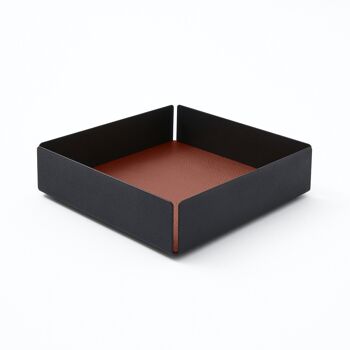 Plateau Valet Dafne Structure en Acier Noir et Cuir Véritable Orange Marron - cm 14,5x14,5 H.4 1