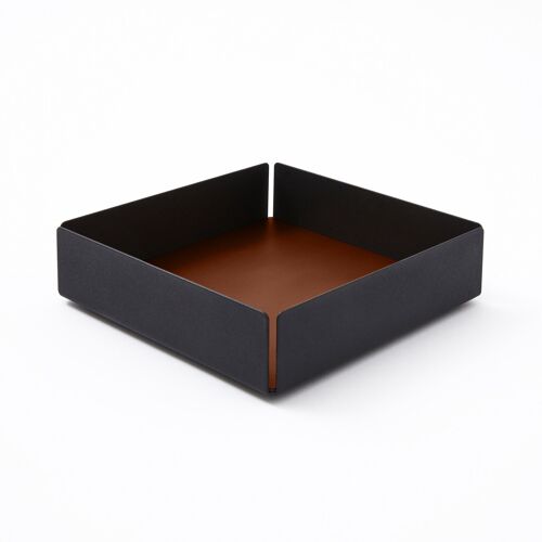 Valet Tray Moire Steel Structure Black and Bonded Leather Orange Brown - cm 14,5x14,5 H.4