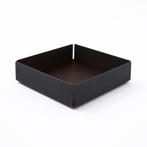 Valet Tray Moire Steel Structure Black and Bonded Leather Dark Brown - cm 14,5x14,5 H.4