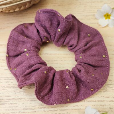 Girly burgundy cotton gauze scrunchie with golden dots