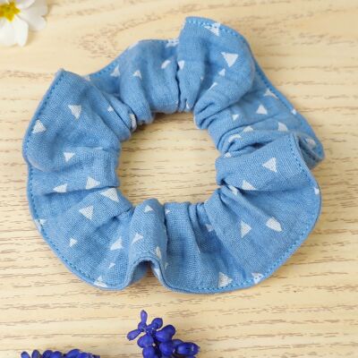 Triangle blue cotton gauze scrunchie