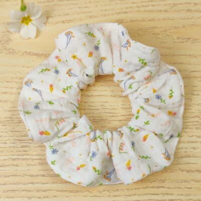 Patterned white cotton gauze scrunchie