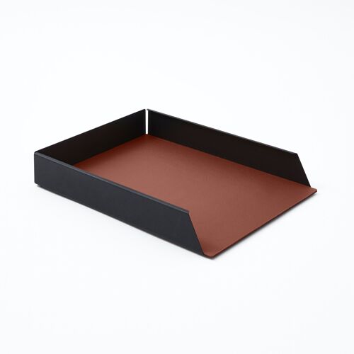 Paper Tray Dafne Steel Structure Black and Real Leather Orange Brown - cm 32,5x24,2 H.5