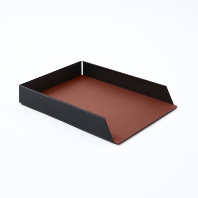 Vassoio Portacarte Dafne Struttura Acciaio Nero e Vera Pelle Arancio Marrone - cm 32,5x24,2 H.5
