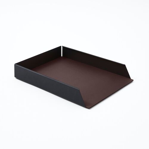 Paper Tray Dafne Steel Structure Black and Real Leather Dark Brown - cm 32,5x24,2 H.5