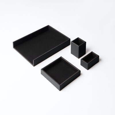Desk Set Atena Real Leather Black - Including Valet Tray, Pen Holder, Paper Tray, Business Card Holder