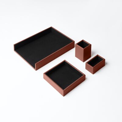 Desk Set Atena Real Leather Orange Brown - Including Valet Tray, Pen Holder, Paper Tray, Business Card Holder