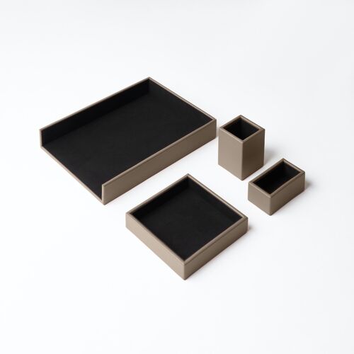 Desk Set Atena Real Leather Taupe Grey - Including Valet Tray, Pen Holder, Paper Tray, Business Card Holder