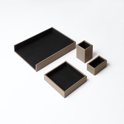 Desk Set Atena Real Leather Taupe Grey - Including Valet Tray, Pen Holder, Paper Tray, Business Card Holder