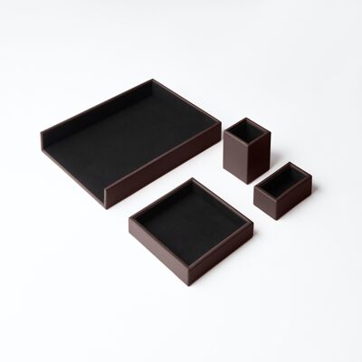 Ensemble de bureau Atena en cuir véritable marron foncé - comprenant un plateau de valet, un porte-stylo, un bac à papier, un porte-cartes de visite