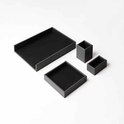 Desk Set Atena Real Leather Anthracite Grey - Including Valet Tray, Pen Holder, Paper Tray, Business Card Holder