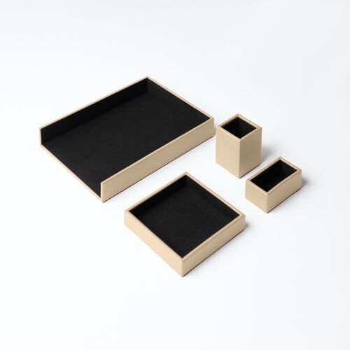 Desk Set Atena Real Leather Beige - Including Valet Tray, Pen Holder, Paper Tray, Business Card Holder