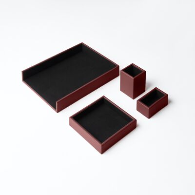 Desk Set Atena Real Leather Burgundy Red - Including Valet Tray, Pen Holder, Paper Tray, Business Card Holder