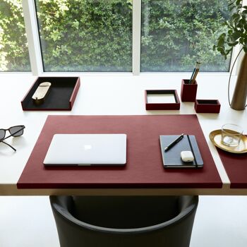Ensemble de bureau Atena en cuir véritable rouge bordeaux - comprenant un plateau de valet, un porte-stylo, un bac à papier et un porte-cartes de visite 6
