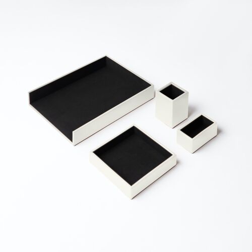 Desk Set Atena Real Leather White - Including Valet Tray, Pen Holder, Paper Tray, Business Card Holder