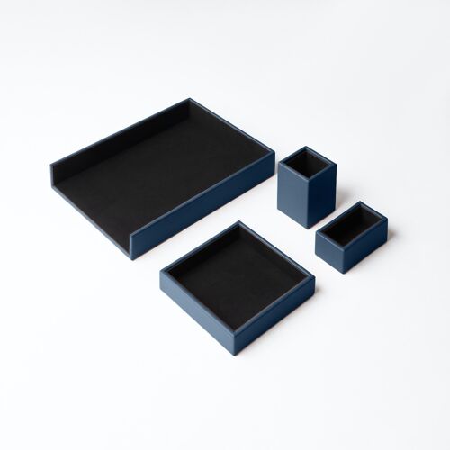 Desk Set Atena Real Leather Blue - Including Valet Tray, Pen Holder, Paper Tray, Business Card Holder