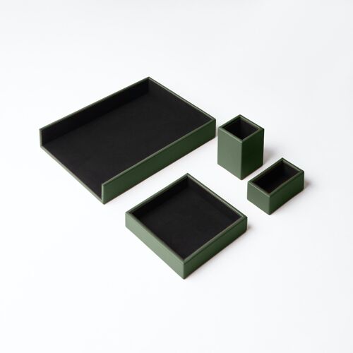 Desk Set Atena Real Leather Green - Including Valet Tray, Pen Holder, Paper Tray, Business Card Holder