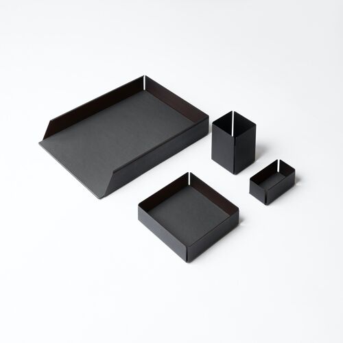 Desk Set Dafne Steel Structure Black and Real Leather Black - Including Valet Tray, Pen Holder, Paper Tray, Business Card Holder