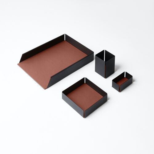 Desk Set Dafne Steel Structure Black and Real Leather Orange Brown - Including Valet Tray, Pen Holder, Paper Tray, Business Card Holder
