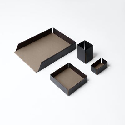 Desk Set Dafne Steel Structure Black and Real Leather Taupe Grey - Including Valet Tray, Pen Holder, Paper Tray, Business Card Holder